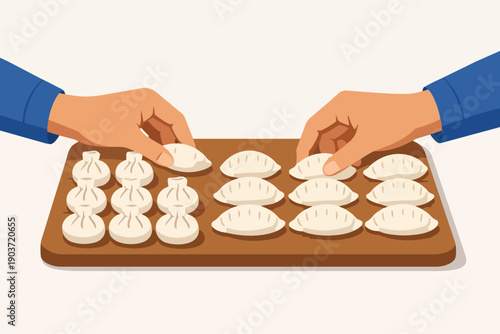 Hands placing handmade dumplings and khinkali on a board, preparing food
