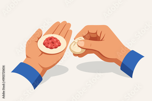 Hands preparing classic dumplings, filling dough with meat, food cooking process