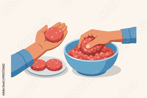 Hands preparing raw ground meat patties for hamburger making