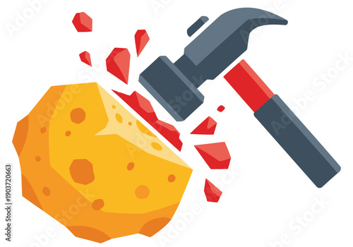 A hammer crushes a rock, symbolizing ore processing. Bold, graphic illustration with a modern style. Ideal for business, technology, and industrial themes.