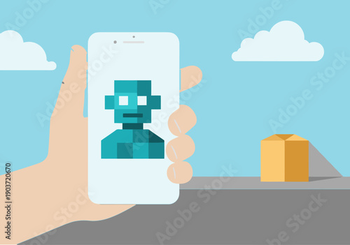 A hand holds a smartphone displaying a pixelated virtual assistant icon. A cube sits on a table, suggesting digital interaction. Modern, clean design.