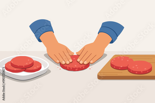 Hands shaping raw ground meat into burger patties on a kitchen counter