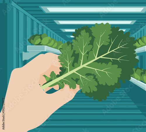 A hand harvests fresh kale from a vertical farm inside a shipping container. Bright lights illuminate the vibrant greens. Modern, clean, and commercially appealing.