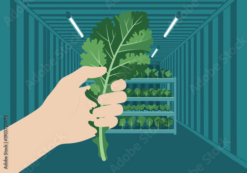 A hand presents fresh harvest from a vertical farm inside a shipping container.  Bright, modern, and visually appealing for commercial use.