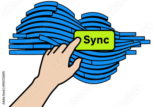 A hand synchronizes data with a stylized cloud graphic. Modern AI interaction data sync concept. Bright, clean design.