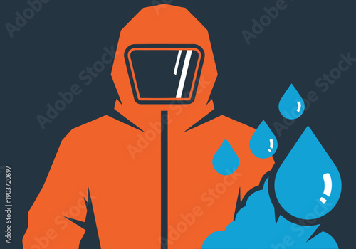 Hazmat suit protects against chemical leak. Bold orange and blue design highlights safety and hazard. Clean, graphic illustration suitable for various commercial uses.