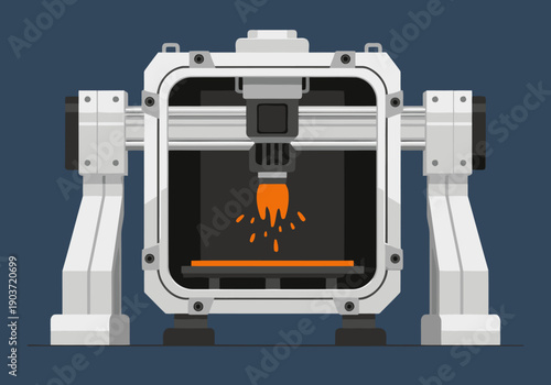 Industrial metal printer chamber in action, showcasing a vibrant orange filament. Modern, detailed design. Ideal for tech, manufacturing, and industrial themes.