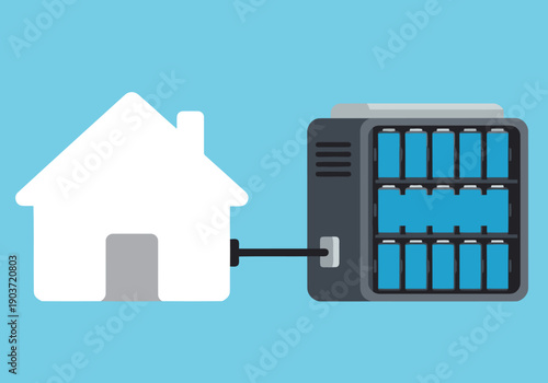 A modern illustration depicts a home connected to a battery storage unit, showcasing renewable energy and home energy reuse. Clean, bright design.