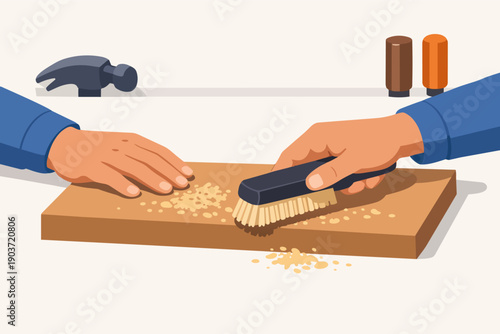 Cleaning workshop wood shavings by hand after carpentry work with a brush