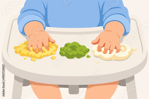 Baby exploring first foods on high chair tray, enjoying messy sensory play experience