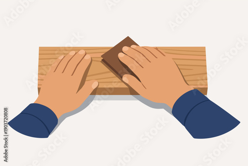 Hands sanding wood surface with sandpaper, preparing material for carpentry or craft