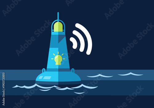 A modern maritime buoy transmits data via wireless signal.  Clean design, blue and gray tones, ideal for technology and navigation themes.
