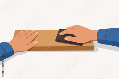 Hands sanding a wooden board, smoothing surface for woodworking or diy project
