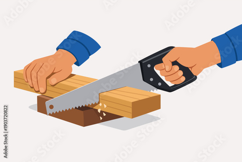 Carpenter hands sawing wood plank, manual woodworking, construction, and diy work