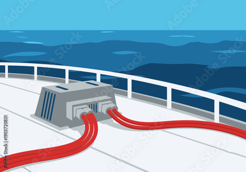 A modern ship?s power system is showcased on deck, with red cables leading to a robust power unit. Clean, professional, and visually striking.
