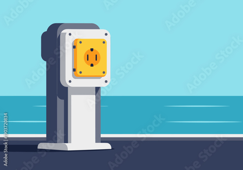 A modern power outlet stands by a marina, overlooking the ocean. Clean lines and a bright yellow accent create a visually appealing and commercially viable image.