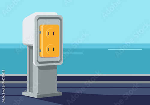 A modern power outlet stands by the sea. Clean lines and bright colors create a visually appealing scene. Ideal for coastal or energy-related themes.