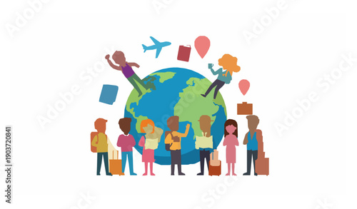 Group of travelers around world globe with travel items cartoon vector illustration for global tourism concept