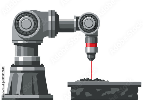 A multi-axis robot arm precisely drills into a pile of coal. Industrial manufacturing, sharp focus, modern setting.  Great for tech and automation visuals.