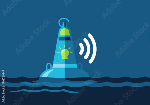 A modern, stylized buoy transmits data via wireless signal. Clean design, vibrant blue and white, ideal for maritime or technology concepts.  Smart Buoy illustration.