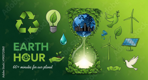 Earth hour eco friendly symbols and cityscape in hourglass
