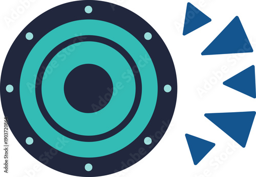 Modern speaker icon with sound quality graphic. Bold teal and blue design. Clean, professional illustration for audio products or technology. Suitable for commercial use.