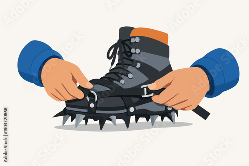 Hands fitting crampons to a mountaineering boot for ice climbing and winter hiking