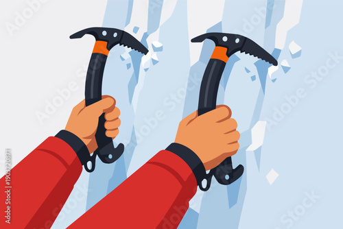 Climber hands holding ice axes, mountaineering on glacier or frozen waterfall