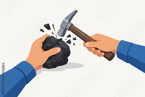 Hands breaking coal with hammer, extracting resources, resourcefulness concept