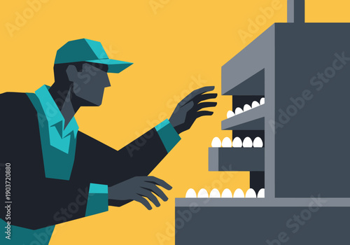 A poultry farmer inspects a machine filled with eggs. A detailed illustration showcases a worker examining the equipment, highlighting quality control. Modern, graphic style.