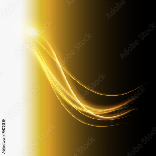 Yellow line light effect. Golden glowing neon lines. The golden glow of dust and glare. Flash of light. gold dust bokeh. Gold confetti shimmers on a dark background