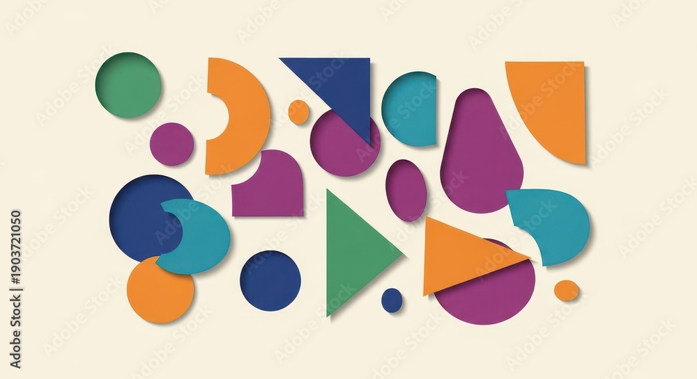 Fototapeta premium Vibrant collection of overlapping and layered geometric shapes creates a dynamic abstract composition