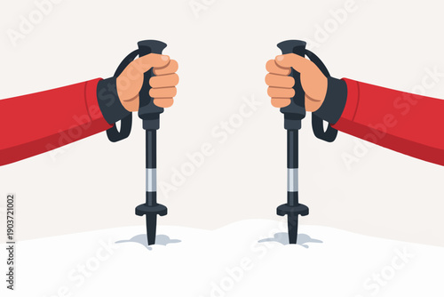 Hands holding trekking poles in snow, enjoying outdoor winter sports activity