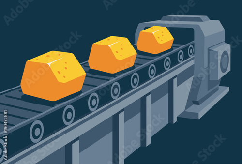 A stylized conveyor system transports gold ore blocks. Industrial, modern design. Ideal for ore refining and manufacturing visuals.