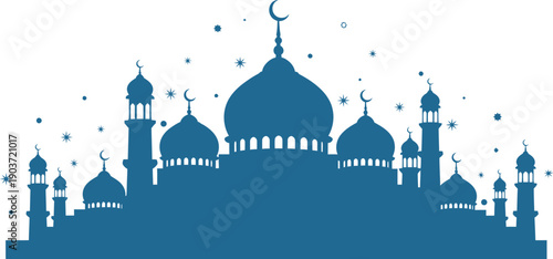 A blue silhouette of a mosque with domes and minarets against a white background