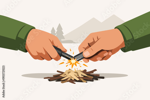 Hiker hands using flint and steel to start a campfire outdoors, bushcraft survival skill
