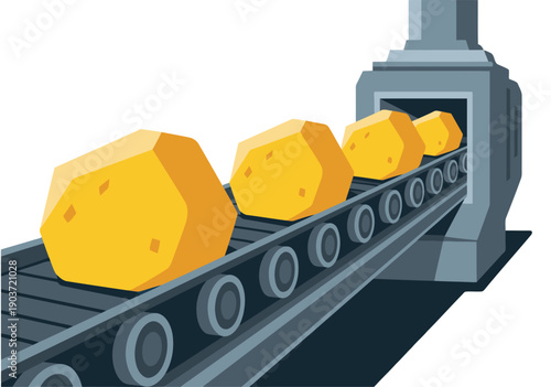 A stylized conveyor system transports golden ore blocks. Industrial, modern design with a dark background. Ideal for business and technology visuals.