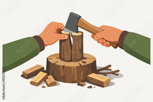 Hands splitting wood with an axe on a chopping block for firewood