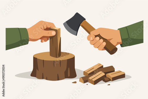 Person chopping wood using axe on log creating firewood pieces for fuel