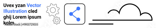 Technology, connectivity, cloud computing, networking, data sharing, and innovation. Gears, a sharing icon and a cloud with horizontal lines. Technology and connectivity illustration concept