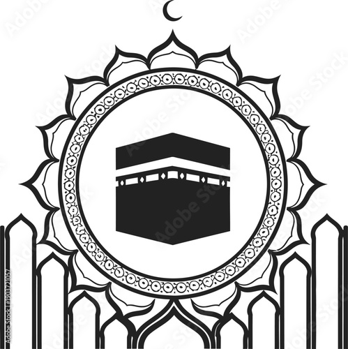A minimalist vector graphic illustration of the Kaaba in Mecca, surrounded by a decorative circle and crescent moon