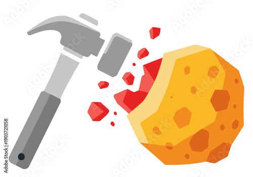 A stylized hammer crushes a space rock, symbolizing resource extraction. Modern, graphic design. Ideal for tech, mining, or space-themed visuals.