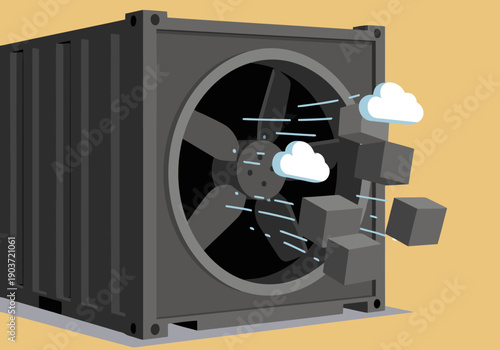 A stylized illustration depicts a climate control ventilation farm with a large fan and cloud manipulation. It?s a modern, graphic design showcasing climate control technology. 
