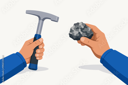 Geologist hands holding rock hammer and examining a mineral sample