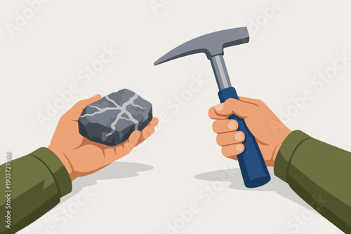 Geologist hand holding rock and pickaxe, performing geology research and prospecting