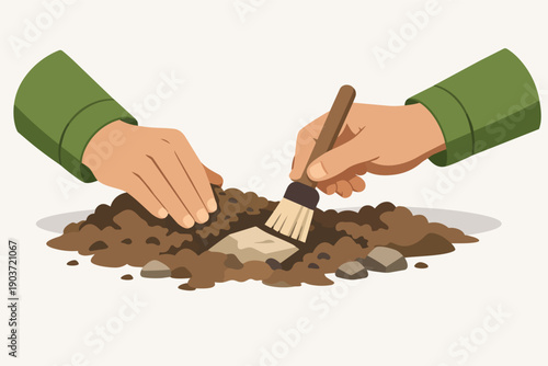 Archeologist hands excavating history finding ancient artifact with brush