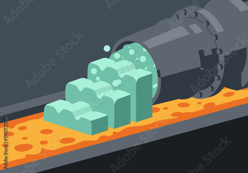 A stylized illustration depicts a cooling system spraying ice cubes onto a metal print, showcasing a vibrant cooling process. Modern, graphic design.