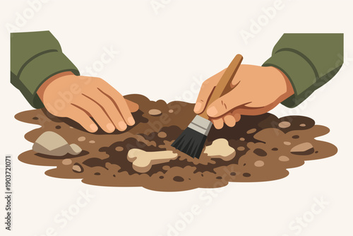 Hands carefully excavating fossil bones in dirt discovering ancient history