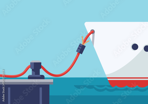 A stylized illustration depicts a ship connecting to a shore power supply. Vibrant colors and clean lines create a modern, graphic design. Perfect for technology or maritime themes.