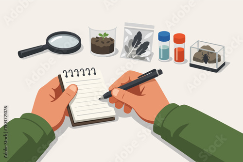 Biologist inspecting specimens and writing field notes for scientific research